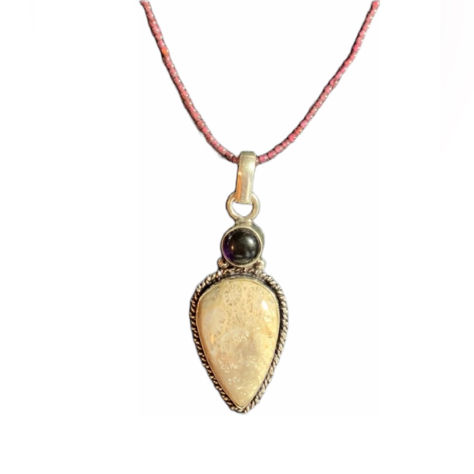 Fossil Coral/Amethyst Pendant. Strand Of Garnets